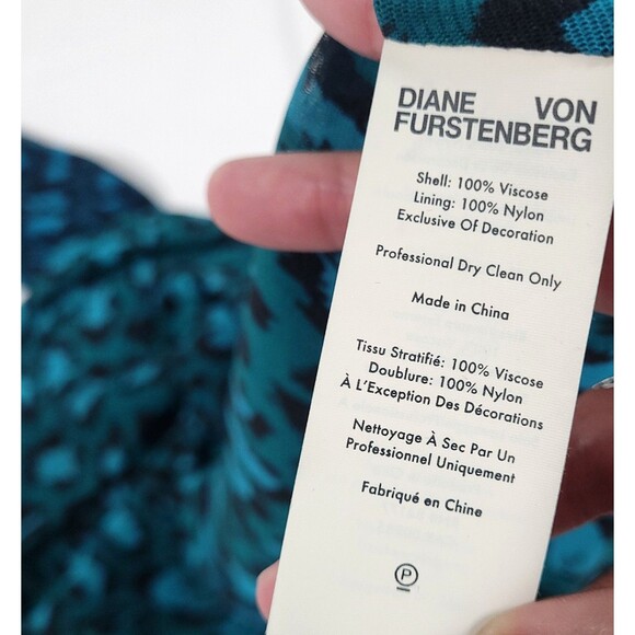 Diane Von Furstenberg Animal Print Dress XL Blue Cheetah Button Up Viscose Tie - Picture 12 of 15